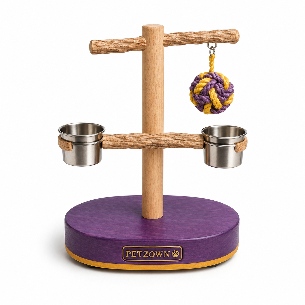 Petzown Natural Wood Bird Play Stand with Feeding Bowls